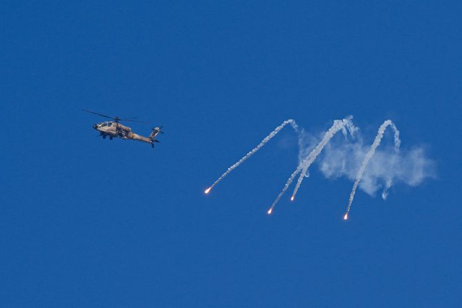 An Israeli military helicopter releases flares over the Israel-Gaza border, as seen from southern Israel, on December 4.