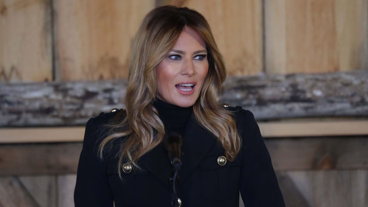 Former first lady Melania Trump speaks during a campaign stop at Kingsheart Farm in West Bend on October 31, 2020.