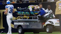 Dec 3, 2023; New Orleans, Louisiana, USA; NFL yard marker personnel was injured when New Orleans Saints running back Alvin Kamara (41) was pushed out of bounds by the Detroit Lions during the first half at the Caesars Superdome. Mandatory Credit: Stephen Lew-USA TODAY Sports