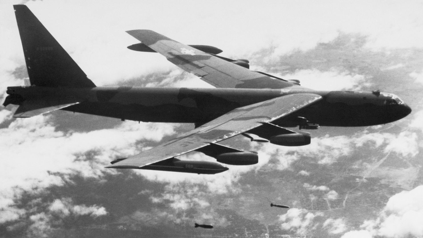 A US B-52 bomber flies over Southeast Asia during the Vietnam War.