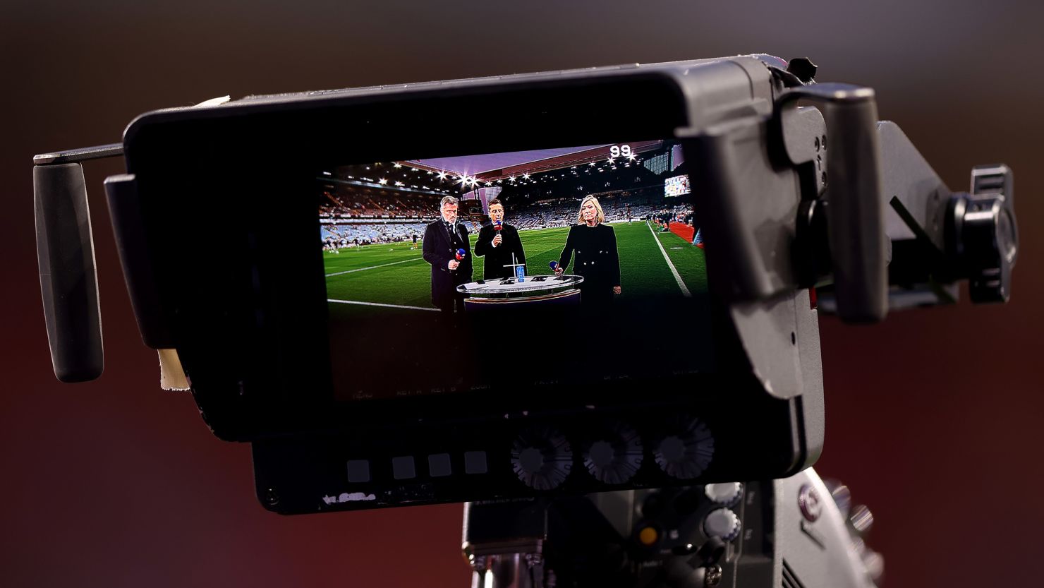 BIRMINGHAM, ENGLAND - SEPTEMBER 16: TV Pundits Jamie Carragher, Gary Neville and Kelly Cates present Friday night football during the Premier League match between Aston Villa and Southampton FC at Villa Park on September 16, 2022 in Birmingham, England. (Photo by Naomi Baker/Getty Images)