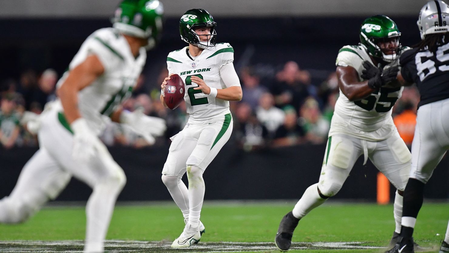 Nov 12, 2023; Paradise, Nevada, USA; New York Jets quarterback Zach Wilson (2) drops back to pass against the Las Vegas Raiders during the second half at Allegiant Stadium. Mandatory Credit: Gary A. Vasquez-USA TODAY Sports