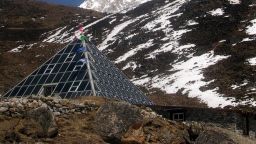 The Pyramid International Laboratory/Observatory climate station has recorded hourly meteorological data for nearly three decades. These data were used by researchers of the Institute of Science and Technology Austria (ISTA). The Pumori Peak (Nepal) is seen in the background. Credit: Franco Salerno.