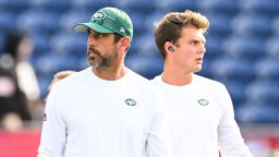 CANTON, OHIO - AUGUST 03: Aaron Rodgers #8 and Zach Wilson #2 of the New York Jets warm up prior to the 2023 Pro Hall of Fame Game against the Cleveland Browns at Tom Benson Hall Of Fame Stadium on August 3, 2023 in Canton, Ohio. (Photo by Nick Cammett/Getty Images)