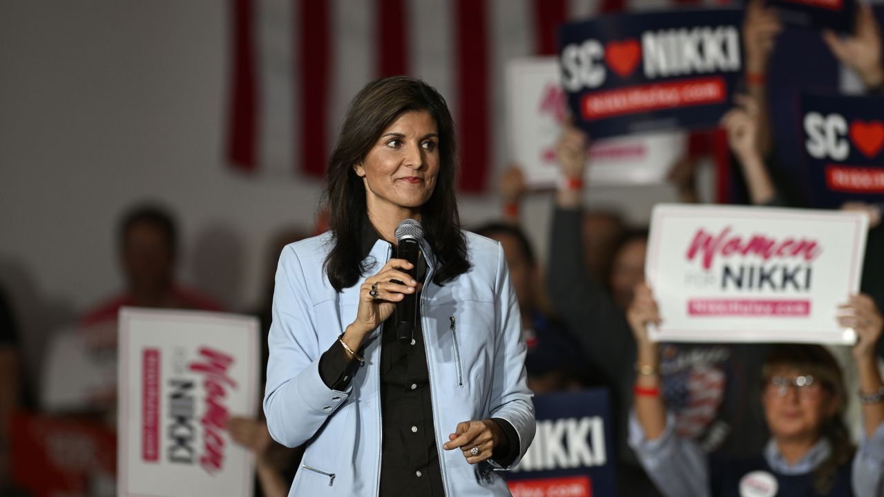 BLUFFTON, USA - NOVEMBER 27: Nikki Haley, the candidate of the Republican Party in the 2024 presidential elections in the US, delivers remarks during a Town Hall campaign event in the Lowcountry in Bluffton SC, United States on November 27, 2023 (Photo by Peter Zay/Anadolu via Getty Images)