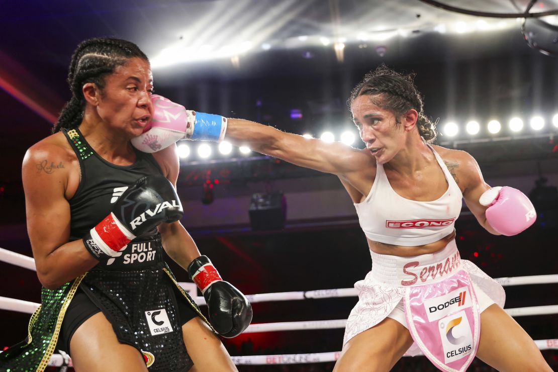 ORLANDO, FL - OCTOBER 27: Amanda Serrano punches the face of Danila Ramos during the MVP boxing match at the Caribe Royale Orlando resort on October 27, 2023 in Orlando, Florida. (Photo by Alex Menendez/Getty Images)