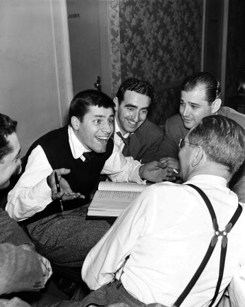 Lear, top right, joins Jerry Lewis and others for a rehearsal of "The Dean Martin and Jerry Lewis Show" in 1951. From left are Kingman T. Moore, Lewis, Ed Simmons, Lear and Ernie Glucksman. Lear was a writer for the show.