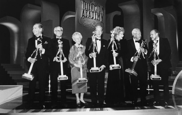 Lear, second from left, was one of the first inductees into the Television Academy Hall of Fame. With him, from left, are Milton Berle, Janet Murrow, Robert Sarnoff, Lucille Ball, William S. Paley and Bob Fosse.