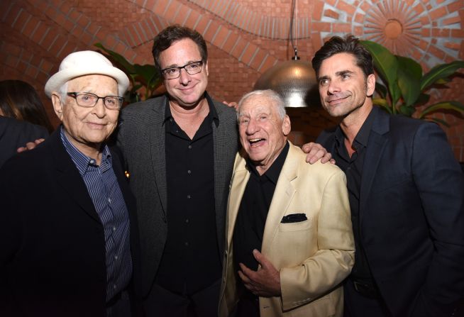 From left, Lear, Bob Saget, Mel Brooks and John Stamos attend the Los Angeles premiere of the documentary "Norman Lear: Just Another Version of You" in 2016.