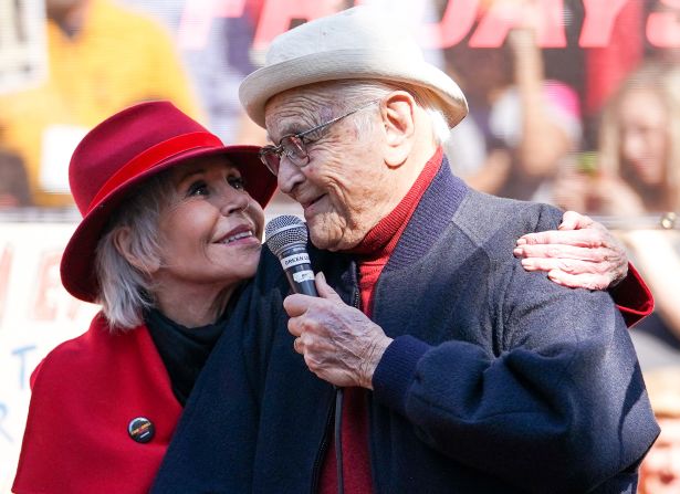 Lear is embraced by Jane Fonda as they participate in one of her Fire Drill Fridays, a weekly climate protest, in 2020.