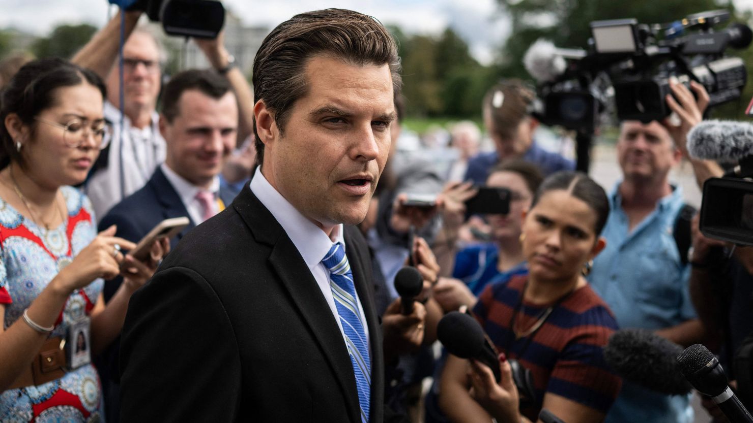 US Representative Matt Gaetz, Republican of Florida, speaks to the press outside the US Capitol as the House votes on a continuing resolution in the House in Washington, DC on September 30, 2023. Last-gasp moves to prevent a US government shutdown took a dramatic step forward Saturday, as Democrats overwhelmingly backed an eleventh-hour Republican measure to keep federal funding going for 45 days, albeit with a freeze on aid to Ukraine. The stopgap proposal adopted by the House of Representatives with a vote of 335-91 was pitched by Speaker Kevin McCarthy. (Photo by ANDREW CABALLERO-REYNOLDS / AFP) (Photo by ANDREW CABALLERO-REYNOLDS/AFP via Getty Images)