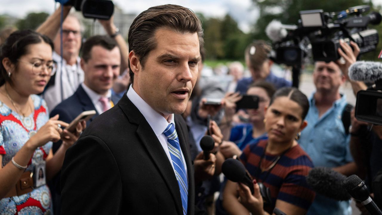 US Representative Matt Gaetz, Republican of Florida, speaks to the press outside the US Capitol as the House votes on a continuing resolution in the House in Washington, DC on September 30, 2023. Last-gasp moves to prevent a US government shutdown took a dramatic step forward Saturday, as Democrats overwhelmingly backed an eleventh-hour Republican measure to keep federal funding going for 45 days, albeit with a freeze on aid to Ukraine. The stopgap proposal adopted by the House of Representatives with a vote of 335-91 was pitched by Speaker Kevin McCarthy. (Photo by ANDREW CABALLERO-REYNOLDS / AFP) (Photo by ANDREW CABALLERO-REYNOLDS/AFP via Getty Images)