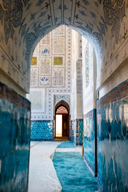 <strong>Shades of blue: </strong>The interior of the Kok Gumbaz mosque. Uzbekistan is famous for the intricate blue and turquoise tiles that adorn its many historic monuments. 