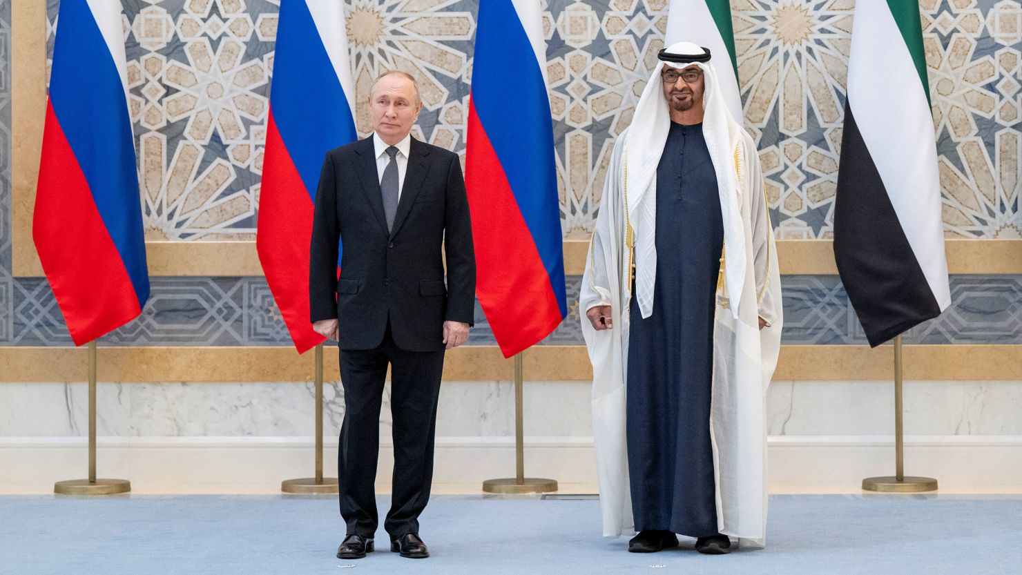 Sheikh Mohamed bin Zayed Al Nahyan, President of the United Arab Emirates and Vladimir Putin, President of Russia, stand for a photograph during a state visit reception, at Qasr Al Watan, Abu Dhabi, United Arab Emirates, December 6, 2023. Abdulla Al Bedwawi/UAE Presidential Court/Handout via REUTERS THIS IMAGE HAS BEEN SUPPLIED BY A THIRD PARTY