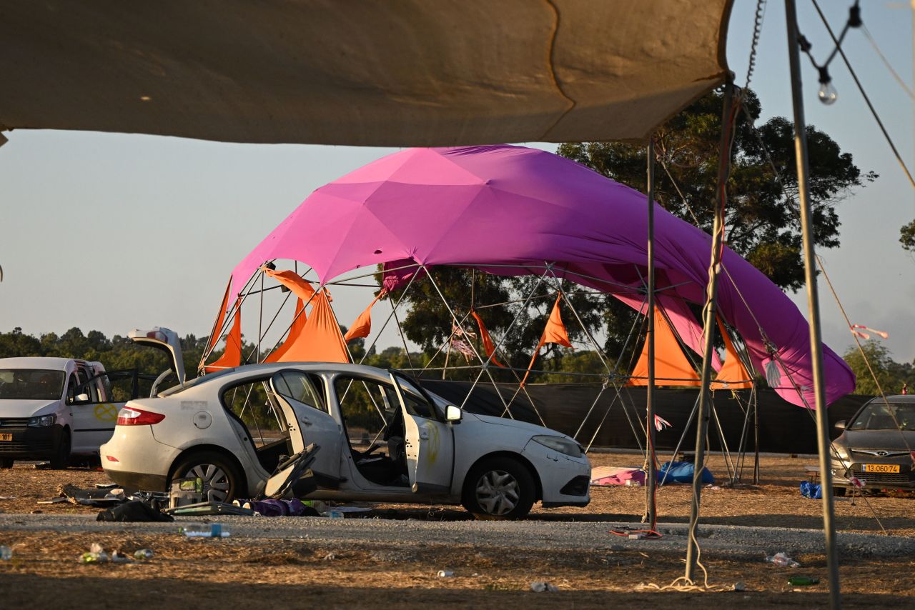 RE'IM, ISRAEL - OCTOBER 12: A general view at the Supernova Music Festival site where hundreds were killed and dozens taken by Hamas militants near the border with Gaza on October 12, 2023 in Kibbutz Re'im , Israel. Israel has sealed off Gaza and launched sustained retaliatory air strikes, which have killed at least 1,200 people with more than 300, 000 displaced, after a large-scale attack by Hamas. On October 7, the Palestinian militant group Hamas launched a surprise attack on Israel from Gaza by land, sea, and air, killing over 1,200 people and wounding around 2800. Israeli soldiers and civilians have also been taken hostage by Hamas and moved into Gaza. The attack prompted a declaration of war by Israeli Prime Minister Benjamin Netanyahu and the announcement of an emergency wartime government. (Photo by Leon Neal/Getty Images)