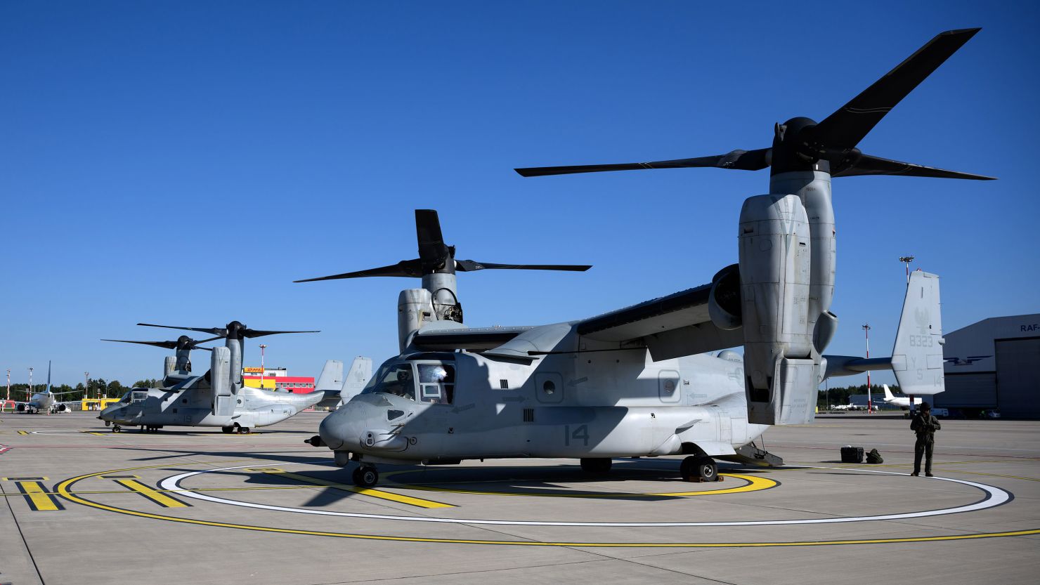 Two U.S. Navy Bell-Boeing V-22 Osprey aircraft wait for passengers at Riga Airport in Latvia on September 18, 2023.