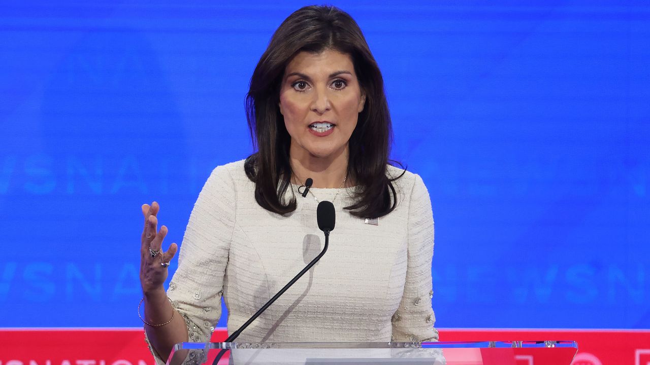 Republican presidential candidate former UN Ambassador Nikki Haley participates in the NewsNation Republican Presidential Primary Debate at the University of Alabama Moody Music Hall on December 6, 2023 in Tuscaloosa, Alabama.
