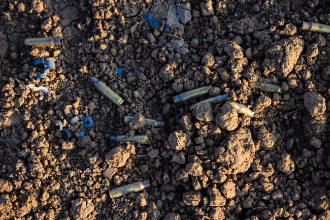 A close-up view of spent bullet casings on the ground near the Gaza border, in southern Israel, on December 6.