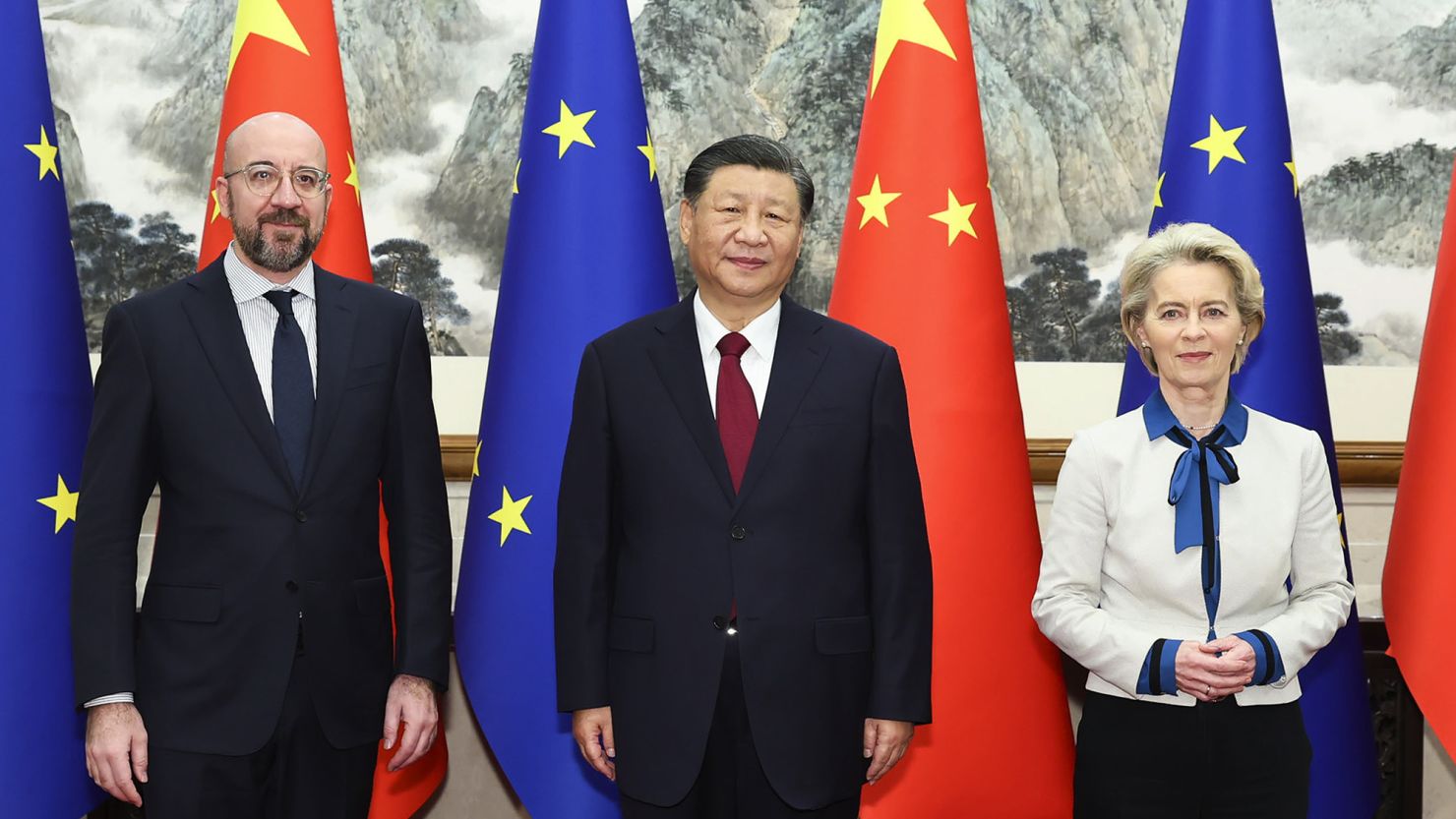 In this photo released by Xinhua News, Agency, Chinese President Xi Jinping, center, stands for a group photograph with European Commission President Ursula von der Leyen, right, and European Council President Charles Michel prior to their meeting at the Diaoyutai State Guesthouse in Beijing, Thursday, Dec. 7, 2023. The leaders of China and the European Union were holding wide-ranging talks Thursday that included their disputes over trade and a deep divide on the war in Ukraine. (Huang Jingwen/Xinhua via AP)