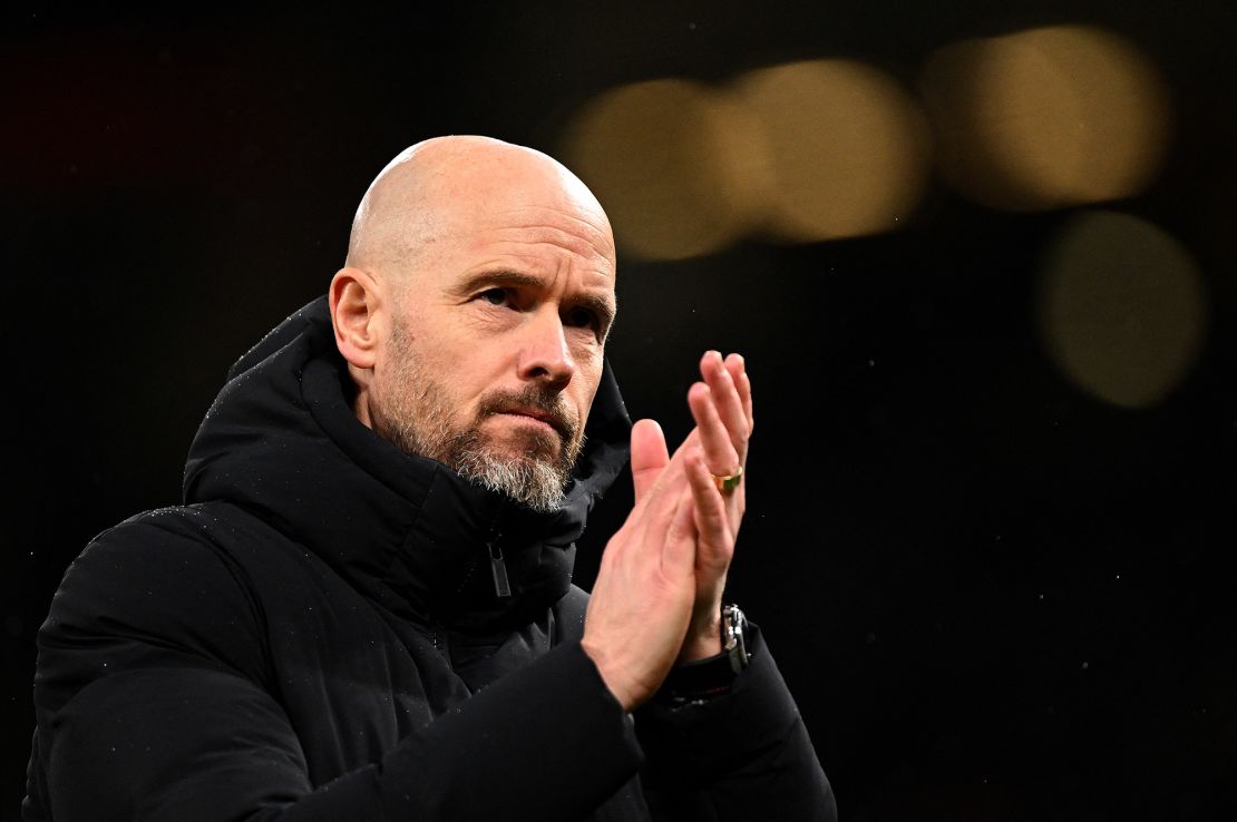 Manchester United's Dutch manager Erik ten Hag applauds the fans following the English Premier League football match between Manchester United and Chelsea at Old Trafford in Manchester, north west England, on December 6, 2023. Manchester United won the match 2-1. (Photo by Oli SCARFF / AFP) / RESTRICTED TO EDITORIAL USE. No use with unauthorized audio, video, data, fixture lists, club/league logos or 'live' services. Online in-match use limited to 120 images. An additional 40 images may be used in extra time. No video emulation. Social media in-match use limited to 120 images. An additional 40 images may be used in extra time. No use in betting publications, games or single club/league/player publications. /  (Photo by OLI SCARFF/AFP via Getty Images)