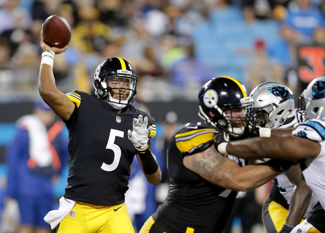 CHARLOTTE, NC - AUGUST 31:  Joshua Dobbs #5 of the Pittsburgh Steelers drops back to pass against the Carolina Panthers during their game at Bank of America Stadium on August 31, 2017 in Charlotte, North Carolina.  (Photo by Streeter Lecka/Getty Images)