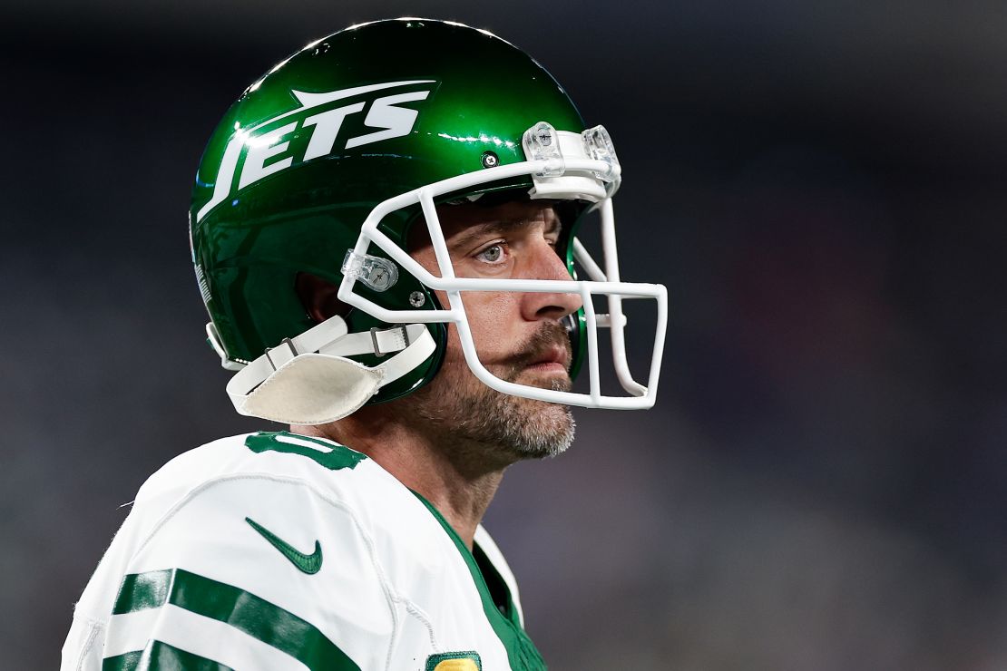 New York Jets quarterback Aaron Rodgers warms up before playing against the Buffalo Bills in an NFL football game, Sept. 11, 2023, in East Rutherford, N.J.