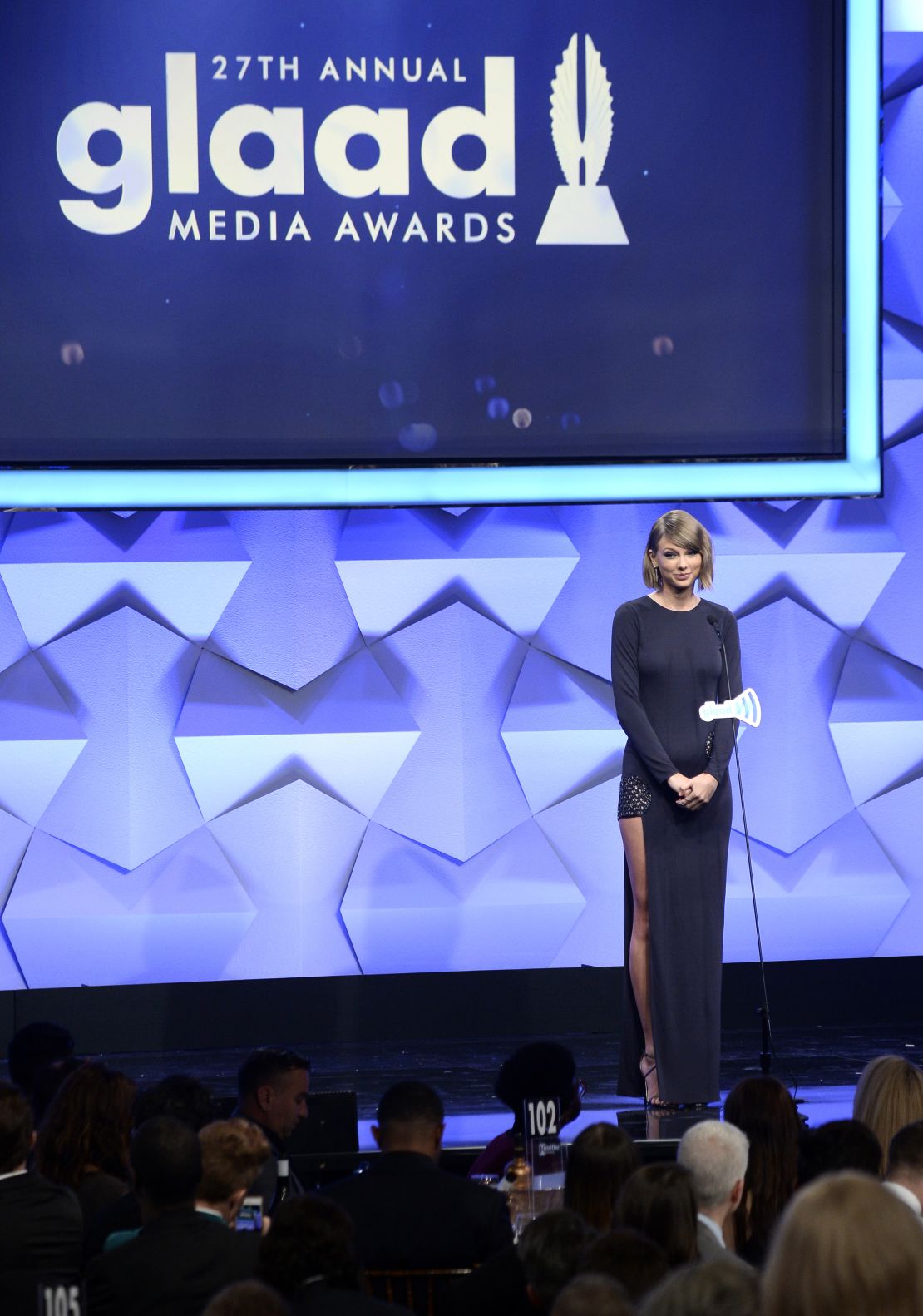 BEVERLY HILLS, CALIFORNIA - APRIL 02:  Recording artist Taylor Swift speaks onstage during the 27th Annual GLAAD Media Awards at the Beverly Hilton Hotel on April 2, 2016 in Beverly Hills, California.  (Photo by Frazer Harrison/Getty Images for GLAAD)