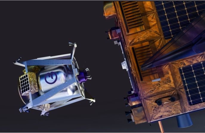 This render shows how an Orbit Fab fuel shuttle would dock with an on-orbit satellite equipped with a RAFTI refueling port.