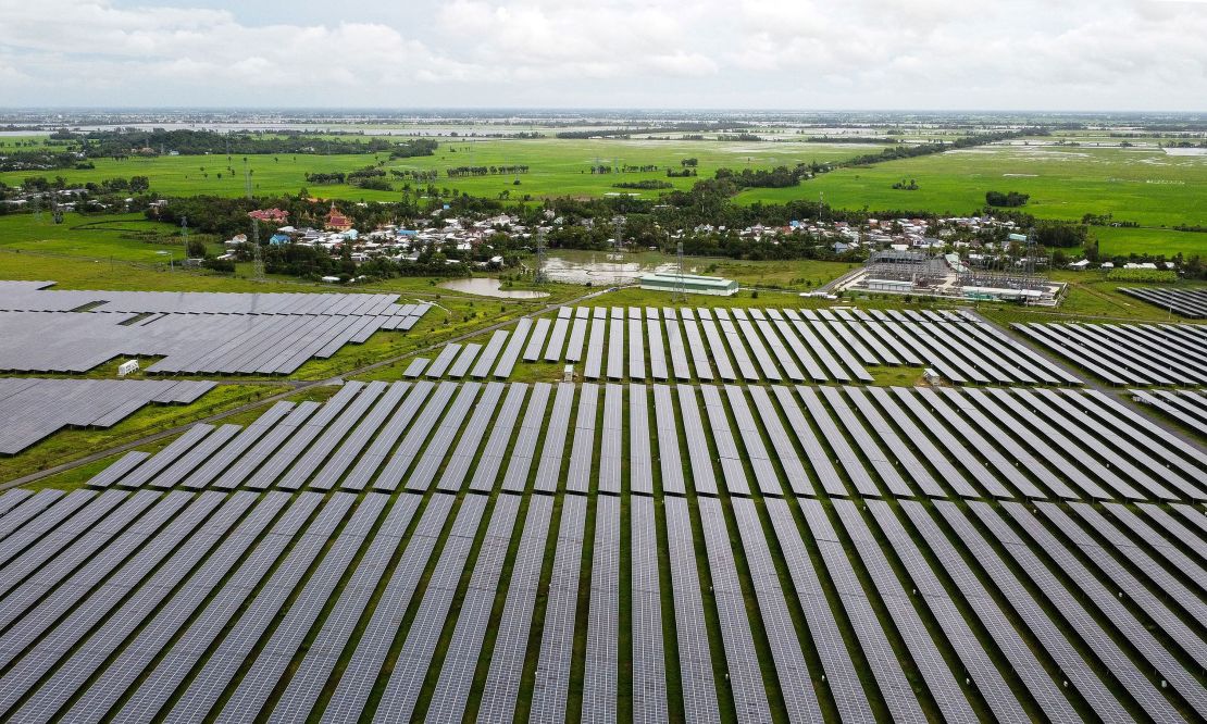 This aerial view taken on September 25, 2022, shows solar panels at Sao Mai solar energy plant in An Giang province.