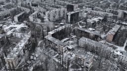 AVDIIVKA, UKRAINE - DECEMBER 7: Panorama of the city from a bird's-eye view, shot on a drone, covered with snow on December 7, 2023 in Avdiivka, Ukraine. Both Ukraine and Russia have recently claimed gains in the Avdiivka, where Russia is continuing a long-running campaign to capture the city, located in the Ukraine's eastern Donetsk Region. (Photo by Kostya Liberov/Libkos/Getty Images)