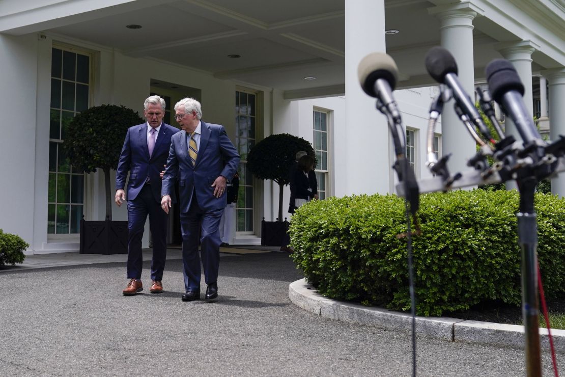 Senate Minority Leader Mitch McConnell of Ky., and House Minority Leader Kevin McCarthy of Calif., walk to speak to reporters outside the White House after a meeting with President Joe Biden, Wednesday, May 12, 2021, in Washington. (AP Photo/Evan Vucci)