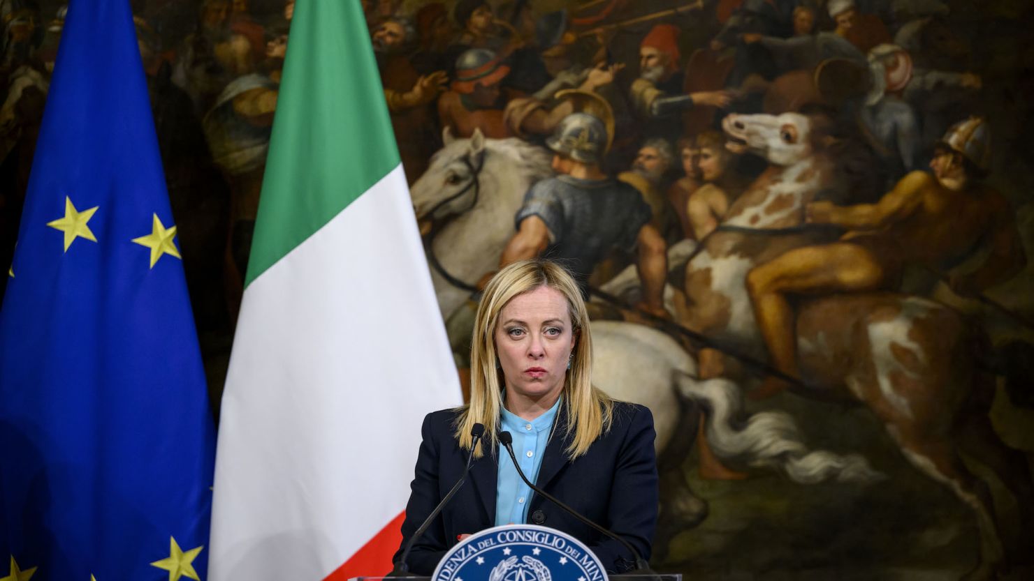 ROME, ITALY - APRIL 05: Italian Prime Minister Giorgia Meloni and Spain's Prime Minister Pedro Sanchez (not in picture) hold a joint press conference after their meeting at Palazzo Chigi, on April 5, 2023 in Rome, Italy. (Photo by Antonio Masiello/Getty Images)
