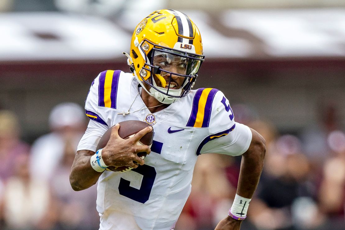 LSU quarterback Jayden Daniels (5) during the first half of an NCAA football game on Saturday, Sept. 16, 2023, in Starkville, Miss. Daniels is a finalists for the Heisman Trophy.