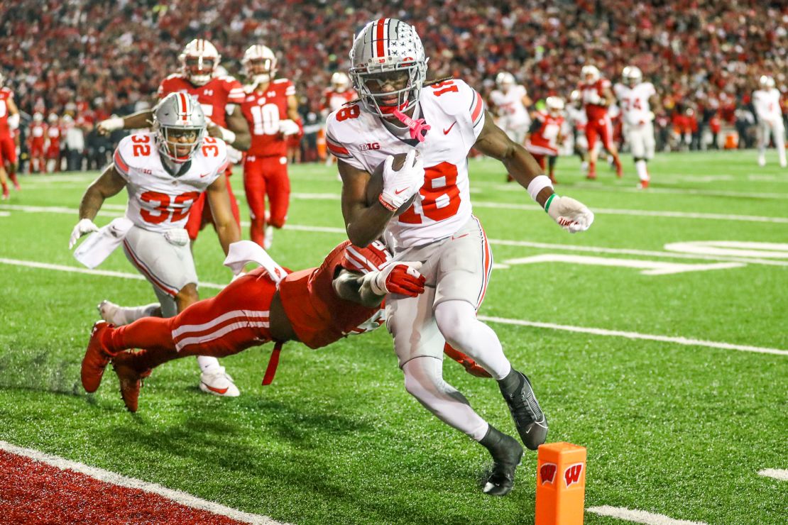 Ohio State wide receiver Marvin Harrison Jr. (18) runs into the end zone for the first Ohio Sate touchdown during a college football game between the University of Wisconsin Badgers and the Ohio State University Buckeyes on October 28, 2023 at Camp Randall Stadium in Madison, WI.