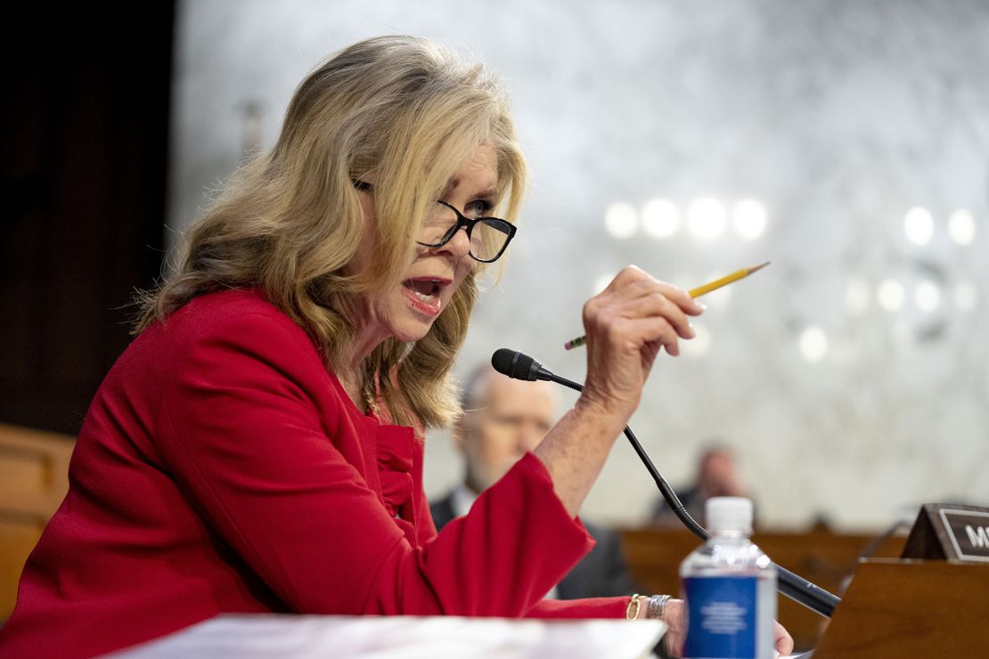 Senator Marsha Blackburn, R-Tenn., speaks during a Senate Judiciary Committee hearing to examine promoting competition and protecting consumers in live entertainment on Capitol Hill in Washington, Tuesday, Jan. 24, 2023. (AP Photo/Andrew Harnik)