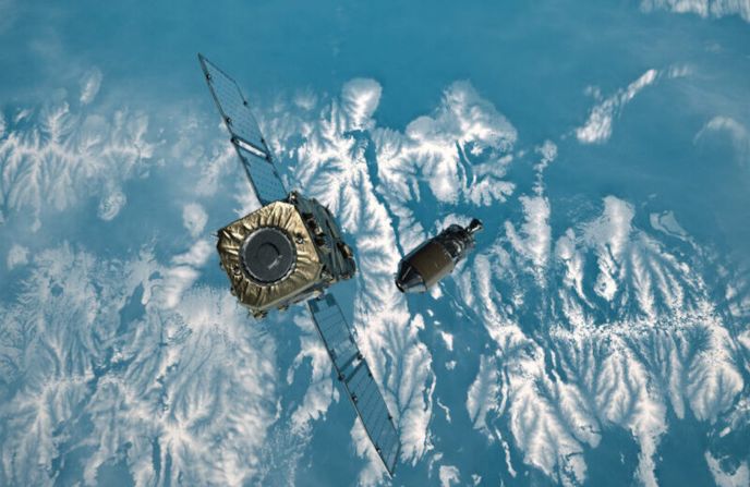 Some companies and space agencies are working on removing space junk. Astroscale plans to use a magnetic docking plate to latch onto satellites and remove them from orbit, as shown in this artist's impression. The company has also developed the world's first refuelable satellite, which will be fitted with Orbit Fab's RAFTI fuel port.
