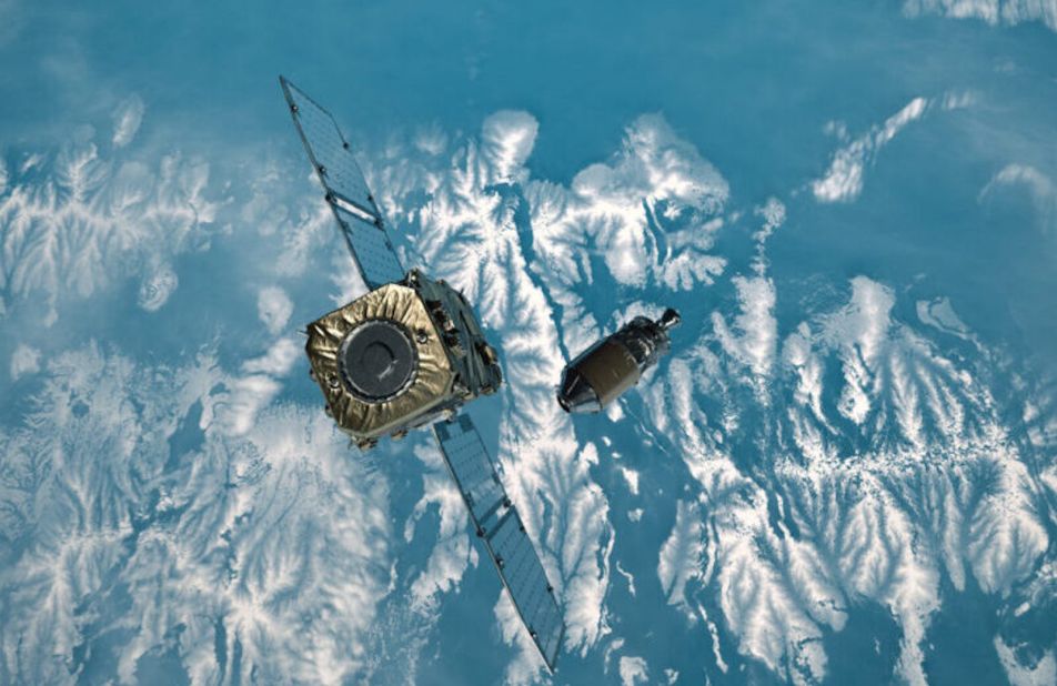 Some companies and space agencies are working on removing space junk. Astroscale plans to use a magnetic docking plate to latch onto satellites and remove them from orbit, as shown in this artist's impression. The company has also developed the world's first refuelable satellite, which will be fitted with Orbit Fab's RAFTI fuel port.