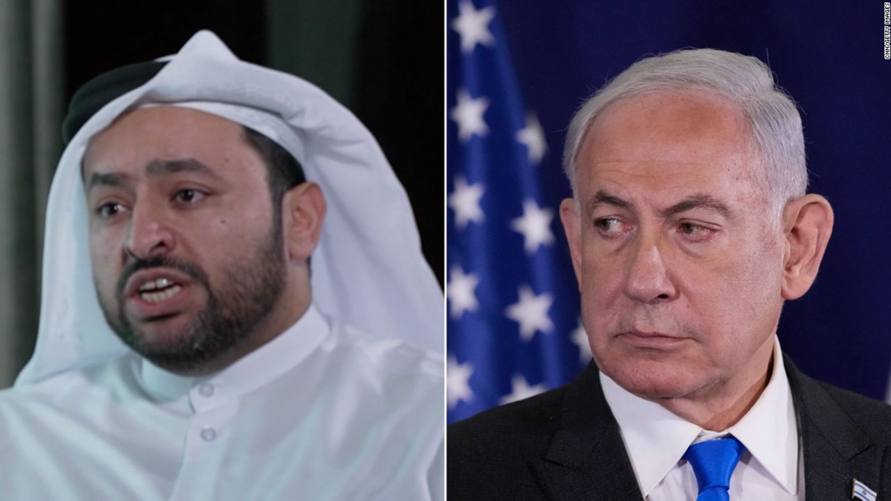 Left - Mohammed bin Abdulaziz Al-Khulaifi during an interview with CNN.
Right - Israeli Prime Minister Benjamin Netanyahu looks on as the US Secretary of State gives statements to the media inside The Kirya, which houses the Israeli Defence Ministry, after their meeting in Tel Aviv on October 12, 2023. Blinken arrived in a show of solidarity after Hamas's surprise weekend onslaught in Israel, an AFP correspondent travelling with him reported. He is expected to visit Israeli Prime Minister Benjamin Netanyahu as Washington closes ranks with its ally that has launched a withering air campaign against Hamas militants in the Gaza Strip. (Photo by Jacquelyn Martin / POOL / AFP) (Photo by JACQUELYN MARTIN/POOL/AFP via Getty Images)