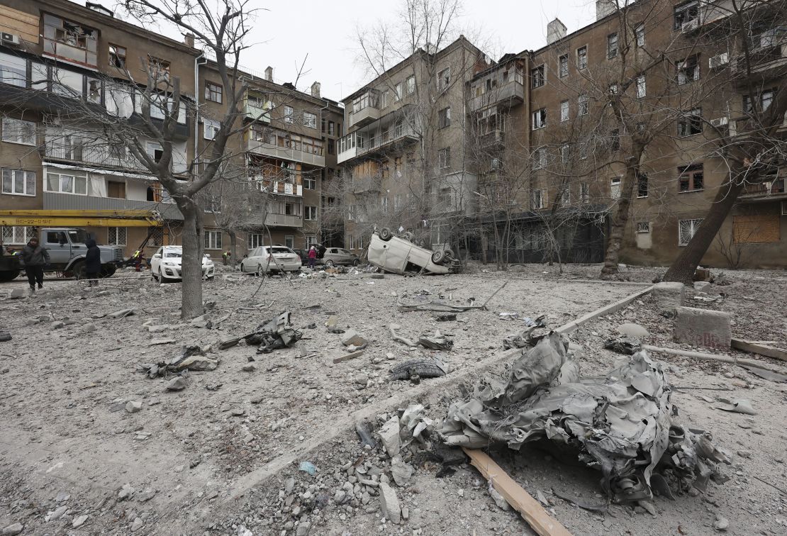 The damaged site of an overnight shelling in Kharkiv, eastern Ukraine, 08 December 2023, amid the Russian invasion. At least one person was injured as a result of the attack, the State Emergency Service said.