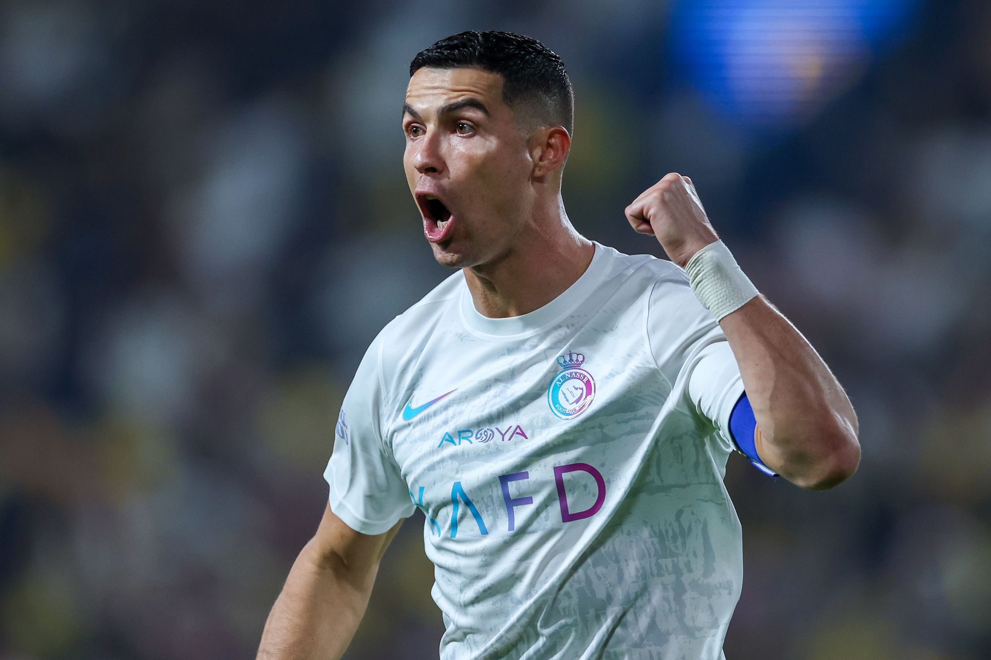 Cristiano Ronaldo of Al Nassr reacts during the Saudi Pro League match between Al-Nassr and Al-Riyadh at King Saud University Stadium on December 8, 2023 in Riyadh, Saudi Arabia.