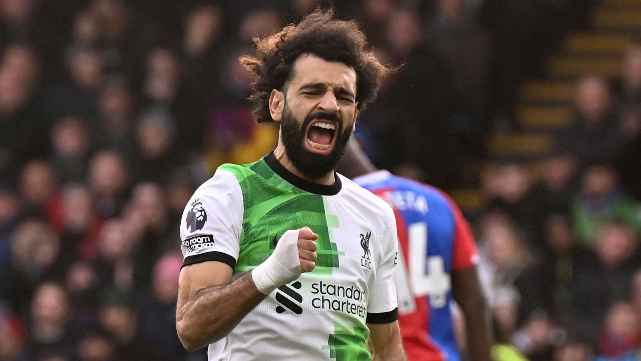 Mohamed Salah of Liverpool celebrating after scoring the equalising goal during the Premier League match between Crystal Palace and Liverpool FC at Selhurst Park on December 09, 2023 in London, England.