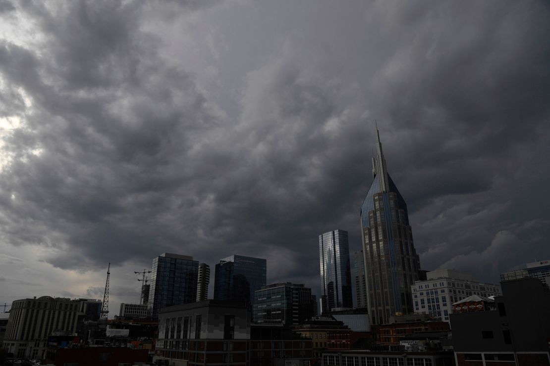 A storm front approaches downtown Nashville, Tenn., which spawned an apparent tornado north of the city, Saturday, Dec. 9, 2023.