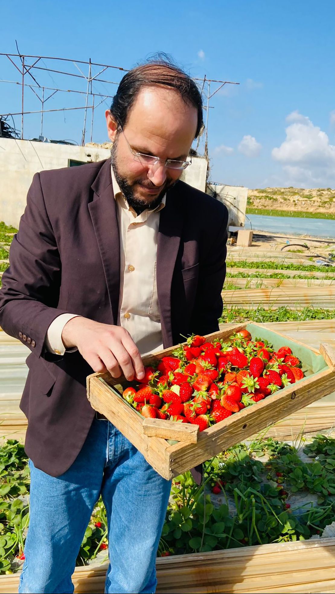 Refaat Al-Areer, a prominent Palestinian professor, poet and writer, was killed in an airstrike, in northern Gaza, on December 7. His friend and colleague, Mosab Abu Toha, took this photo of Al-Areer picking strawberries in Gaza, on March 27, 2022.