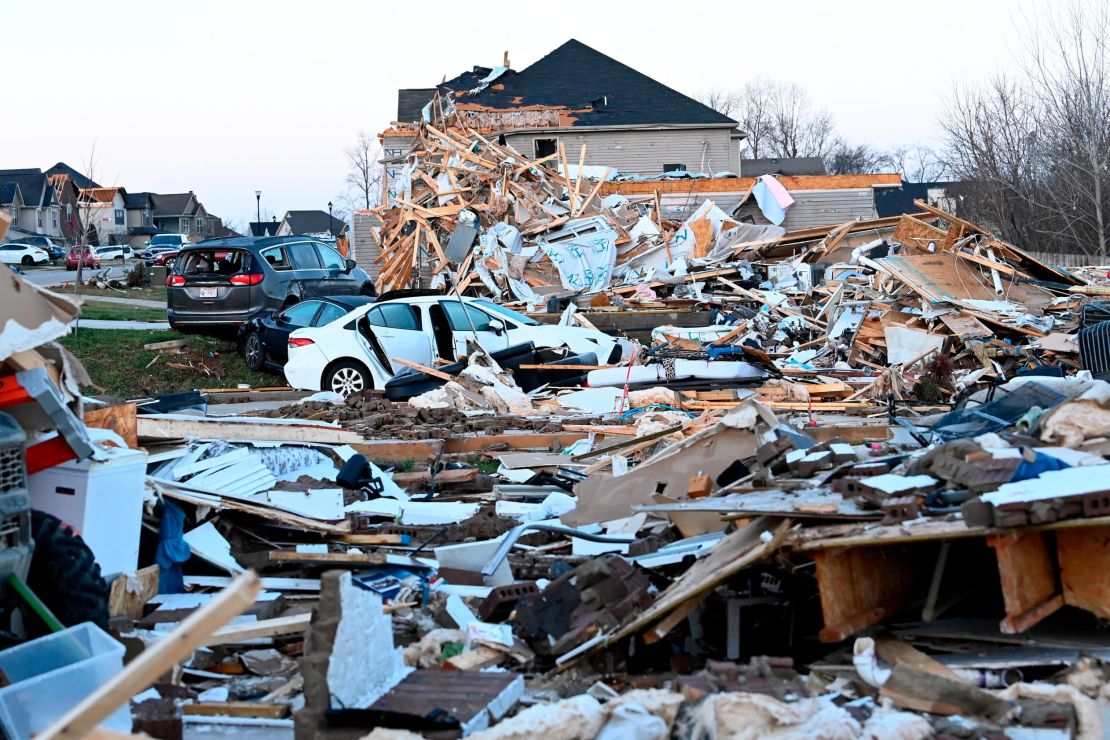Debris covers the area around homes destroyed in the West Creek Farms neighborhood on Sunday, Dec. 10, 2023, Clarksville, Tenn. Central Tennessee residents and emergency workers are continuing the cleanup from severe weekend storms.