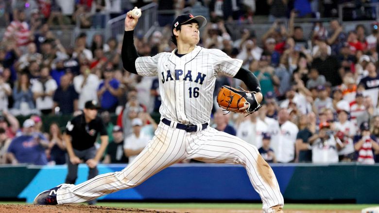 Shohei Ohtani of Japan throws a ball during the World Baseball Classic final match against United States at LoanDepot Park in Miami, Florida, United States on March 21, 2023. 