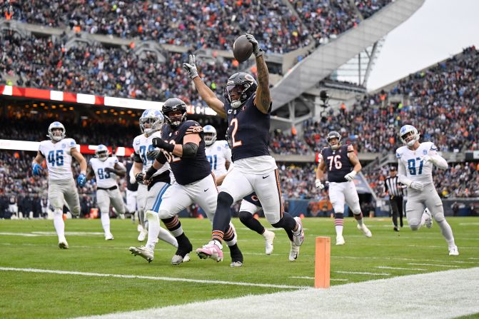 D.J. Moore of the Chicago Bears celebrates a touchdown during the first quarter of the Bears' 28-13 upset win over the Detroit Lions on Sunday, November 10. 