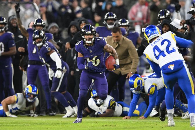 Baltimore Ravens wide receiver Tylan Wallace escapes multiple attempted tackles during a 76-yard punt return for a touchdown in overtime against the Los Angeles Rams on December 10. Wallace's touchdown earned the Ravens a 37-31 victory.