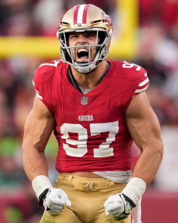 San Francisco 49ers defensive end Nick Bosa celebrates after sacking Seattle Seahawks quarterback Drew Lock on December 10. Lock started for the Seahawks on Sunday after veteran Geno Smith was ruled inactive. The 49ers won 28-16.