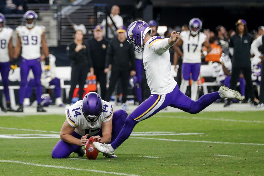 LAS VEGAS, NEVADA - DECEMBER 10: Greg Joseph #1 of the Minnesota Vikings kicks a field goal during the second half of the game against the Las Vegas Raiders at Allegiant Stadium on December 10, 2023 in Las Vegas, Nevada. (Photo by Steve Marcus/Getty Images)