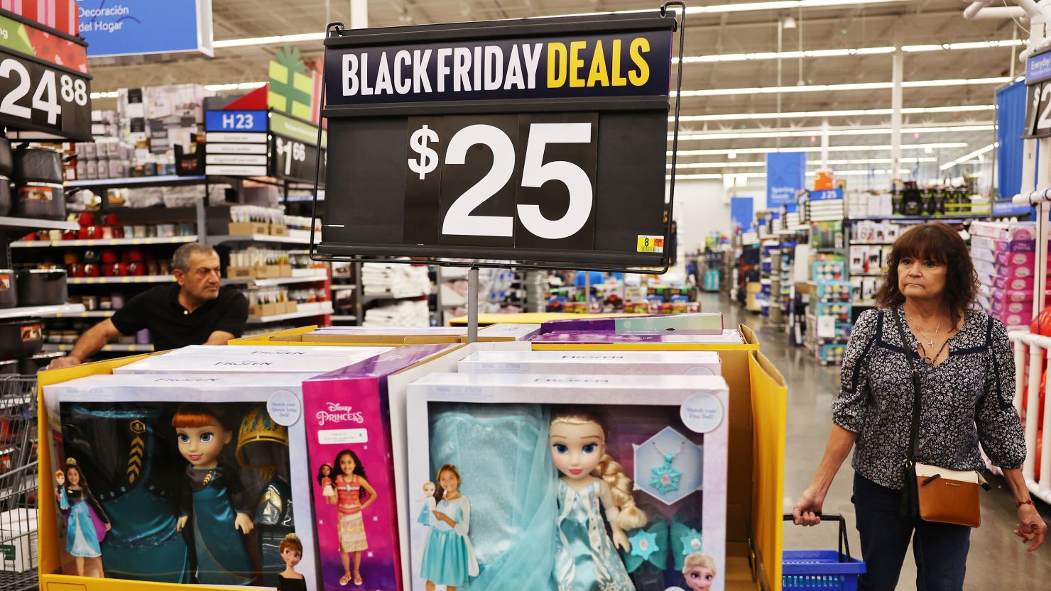 BURBANK, CALIFORNIA - NOVEMBER 14: Disney Princess dolls are displayed for sale ahead of Black Friday at a Walmart Supercenter on November 14, 2023 in Burbank, California. Some early Black Friday deals are already in place at Walmart and other retailers ahead of Thanksgiving and the traditional holiday shopping season. (Photo by Mario Tama/Getty Images)